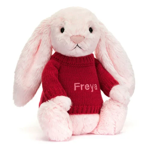 Bashful Pink Bunny with Personalised Red Jumper